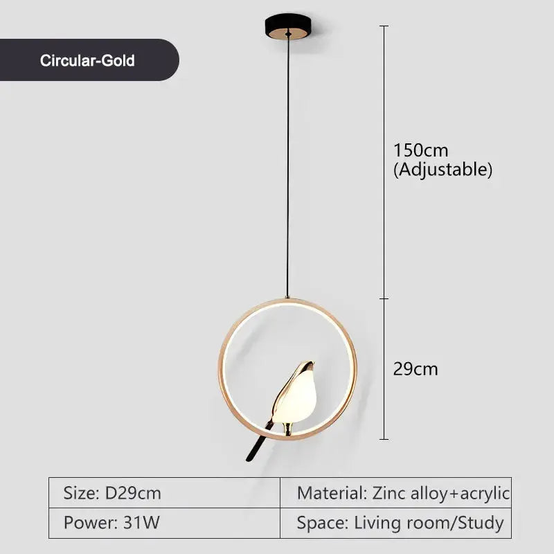 Magpie Bird LED pendant light with circular gold ring and adjustable hanging cord for bedroom