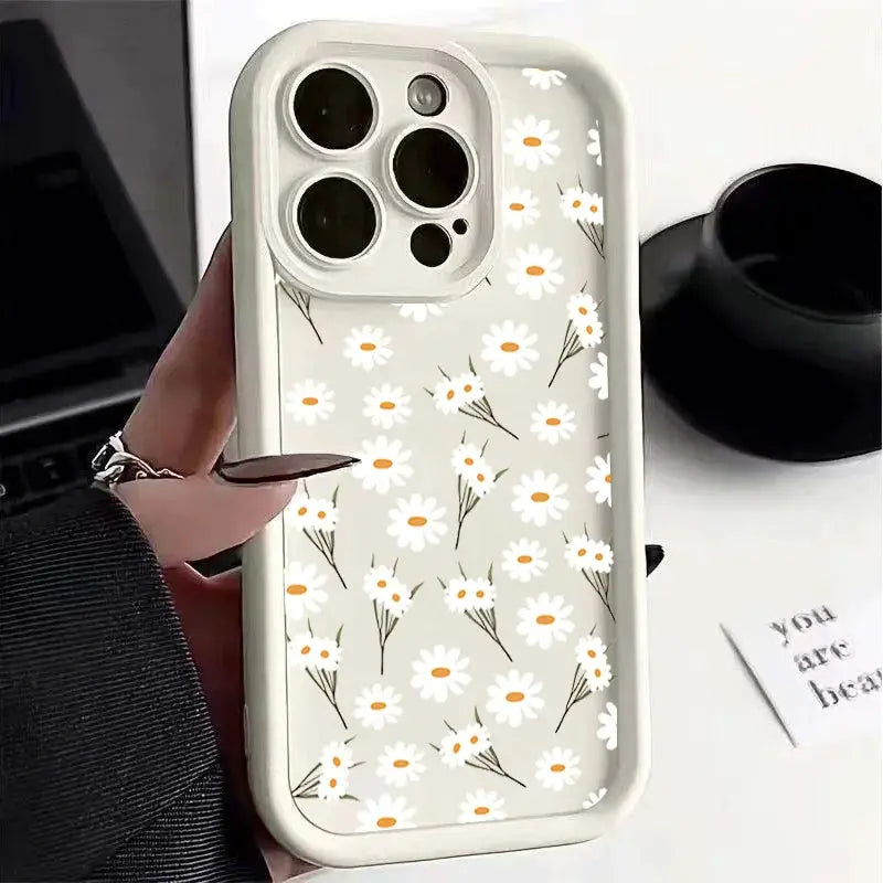 DaisyShield White Daisy Flower Silicone Case For iPhone 12 13 14 15 16 17 Full Coverage Shockproof Protection