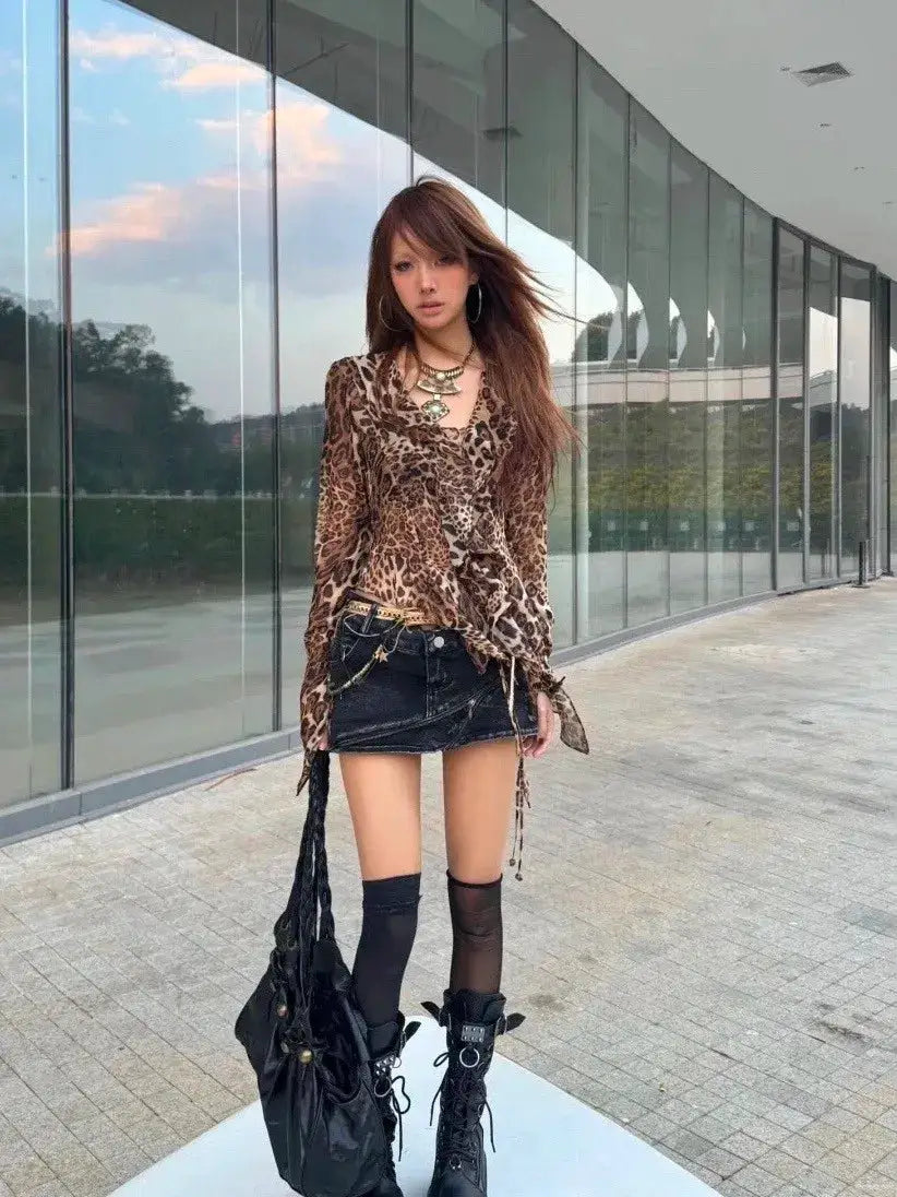 karrram leopard print shirt by Simples Market, Y2k Harajuku blouse with V-neck and ruffled hem.