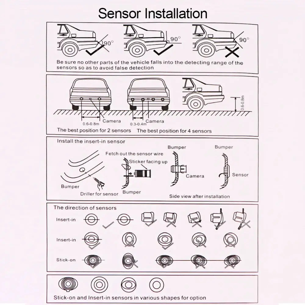 Simples Market car reverse radar kit with 4 sensors and LED display; diagram shows bumper mounting and wiring.