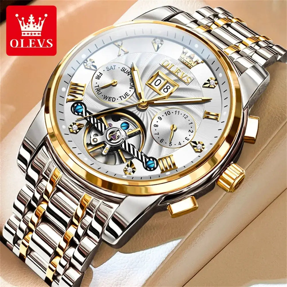 OLEVS Classic men's tourbillon automatic watch with gold-silver two-tone bracelet and multi-function dial