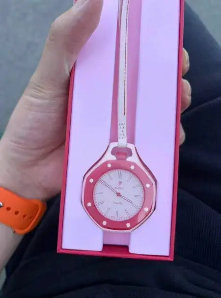 Pink AP Swatch Joint Watch with white dial and pink bezel in a pink display box