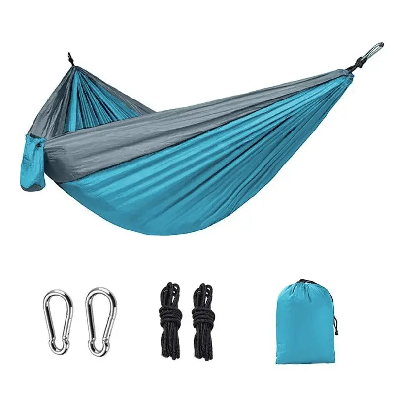 Simples Market Single Camping Hammock in teal/gray nylon parachute fabric with 2 carabiners, 2 ropes and bag