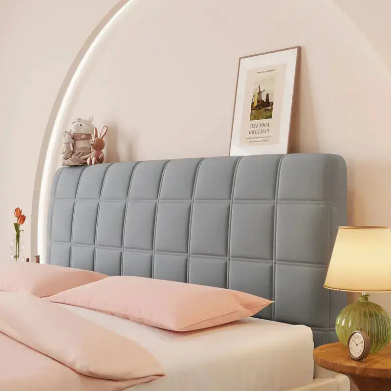 Simples Market queen headboard cover, stretch velvet, padded gray quilted slipcover.