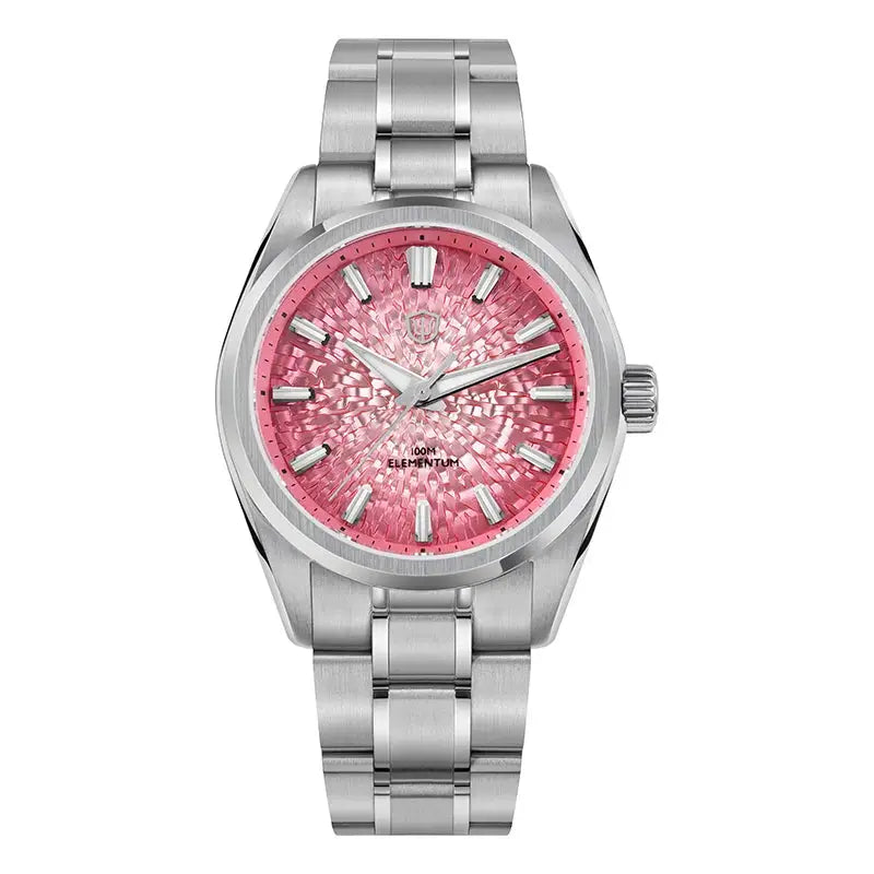 Watchdives WD0003C stainless steel wristwatch with pink crackle dial, luminous markers, 100m water resistance.