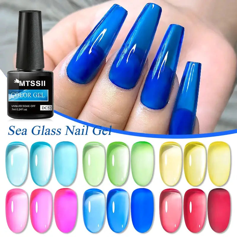 MTSSII jelly glass gel nail polish 6-piece set by Simples Market in sea blue transparent soak-off UV gel