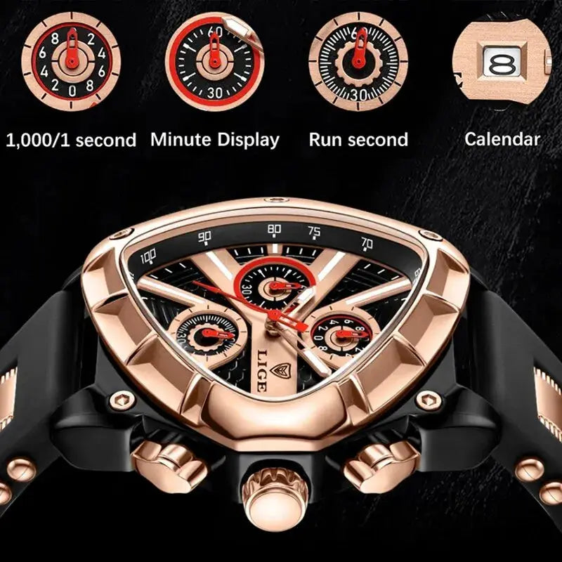 LIGE men's luxury watch with rose-gold case and black strap