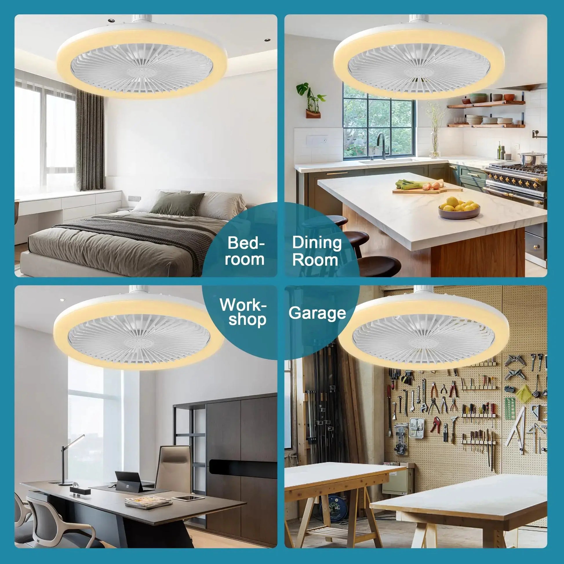 IRALAN modern LED ceiling fan with light; white finish with warm ring glow, remote control, Simples Market (4 shown)