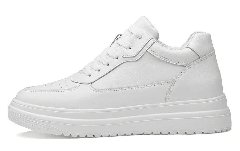 White leather men's elevator sneakers with a thick platform sole.
