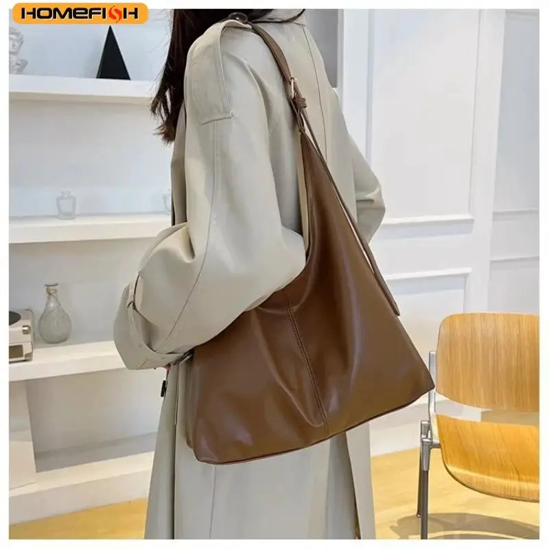 HOMEFISH New Women Commuter Tote Bag Vintage Style Large Capacity Handheld Shoulder Bag PU Leather