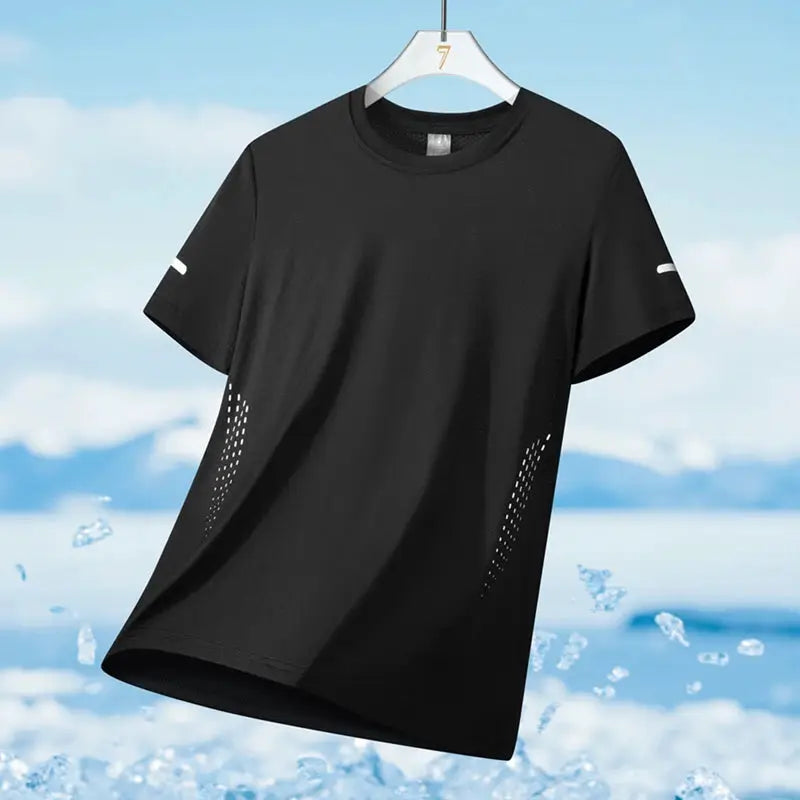 Black running T-shirt, short sleeves with reflective accents and breathable quick-dry fabric