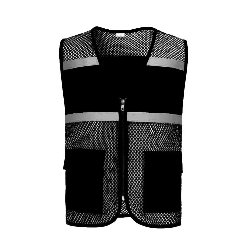Volunteer fishing net vest with breathable mesh, sleeveless design, front zipper, reflective stripes and large pockets
