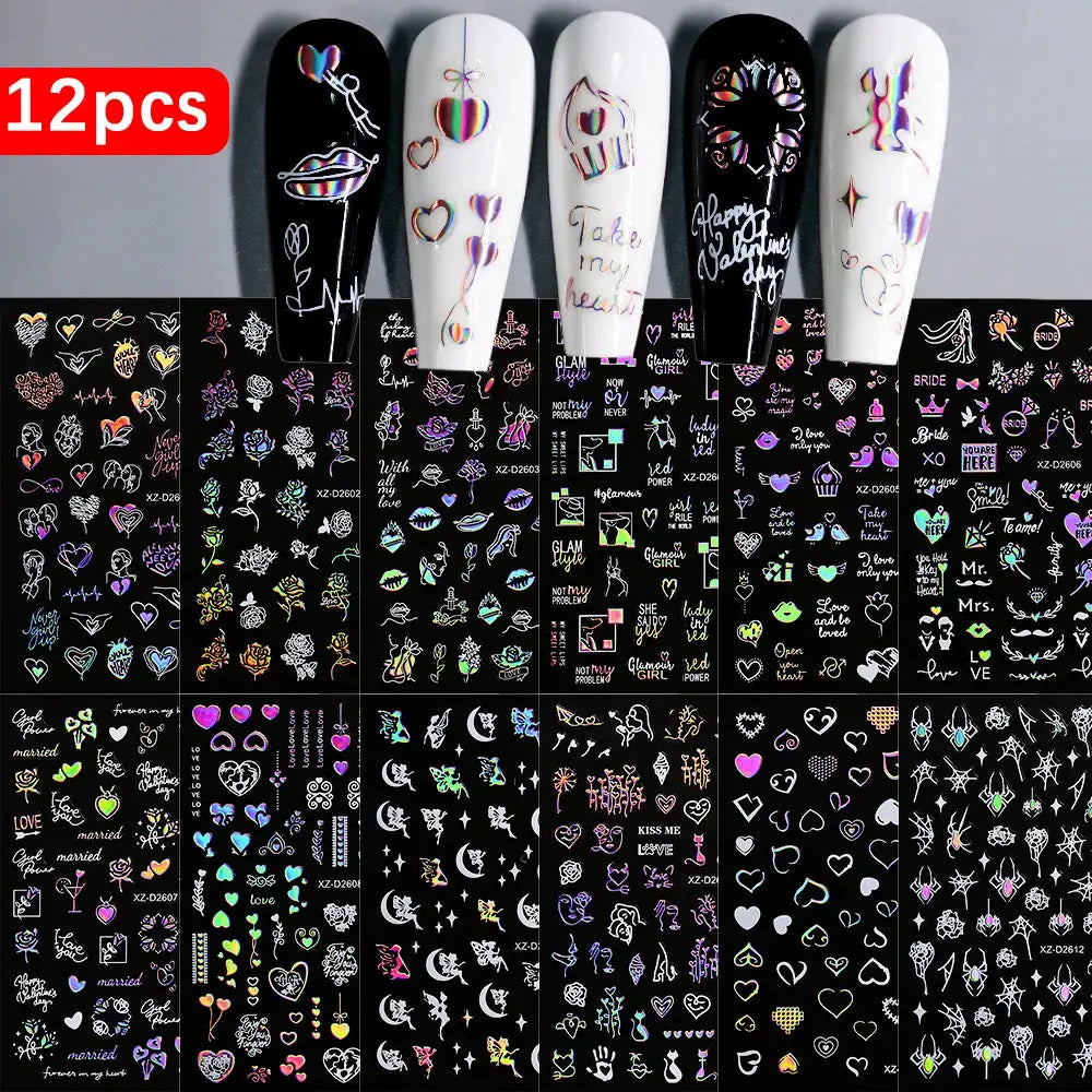 Nail stickers 12pc 3D mixed color heart designs, self-adhesive for Valentines manicure by Simples Market