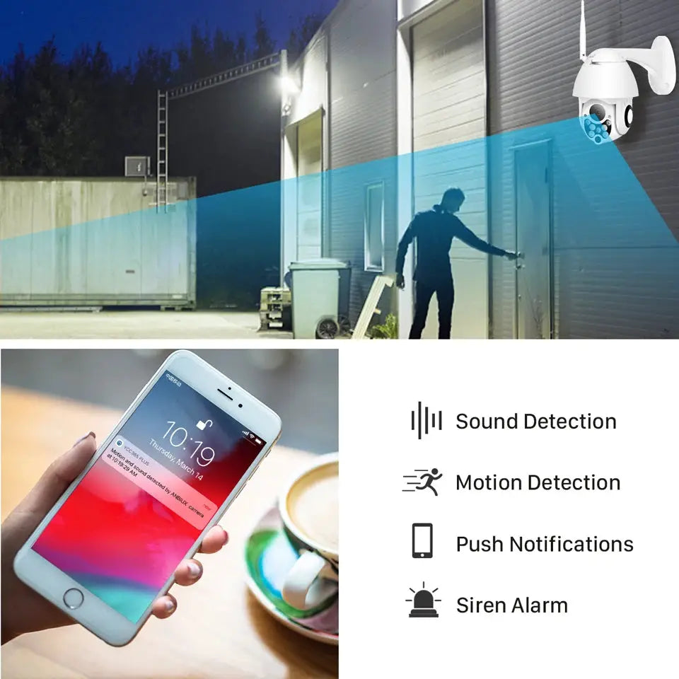 YCC365 Plus PTZ Outdoor WiFi Camera 4x Zoom; waterproof speed dome, smartphone app view, motion and sound detection