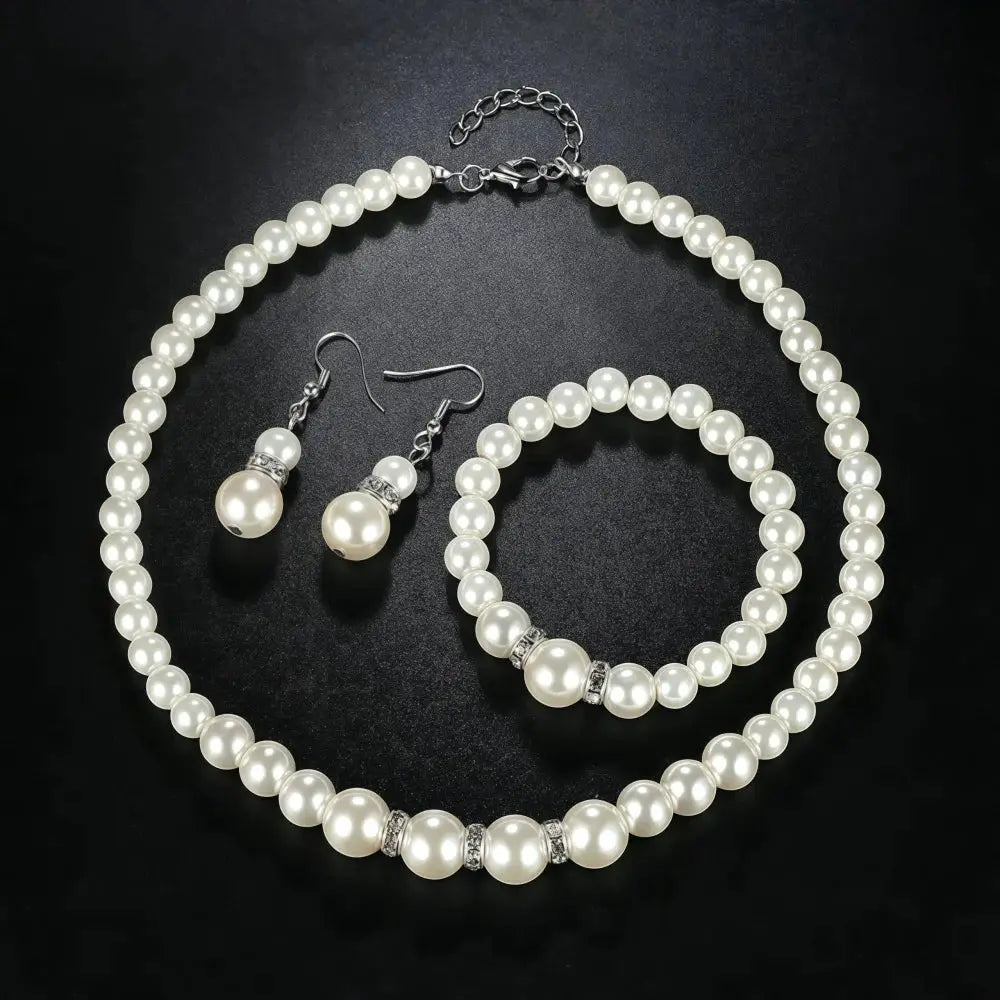 3 Piece Imitation Pearl Fireball Necklace Bracelet Earring Stud Jewelry Set For Women Silver Crystal Bridal Gift