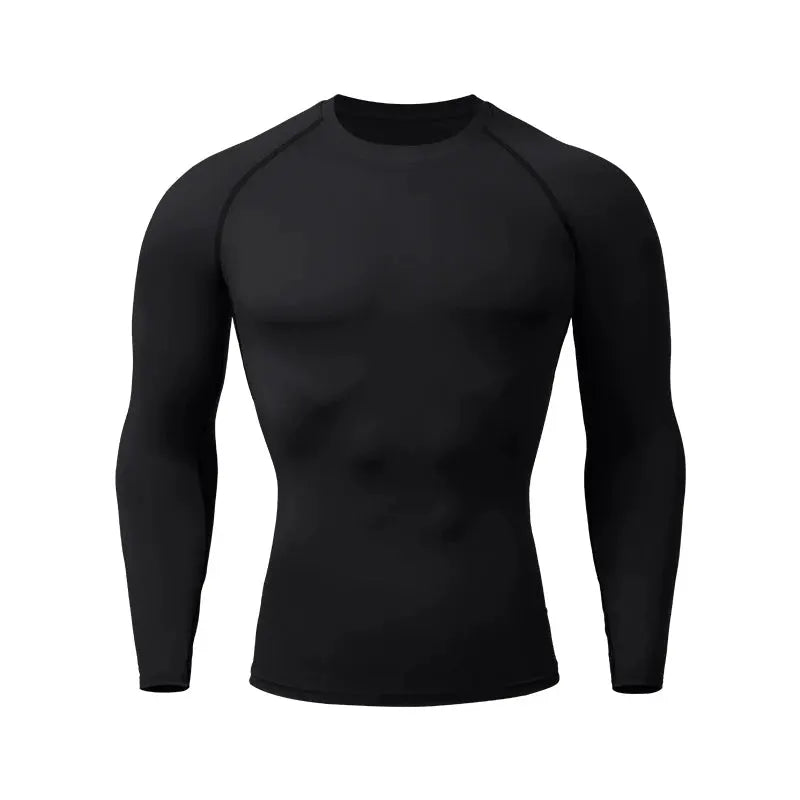 Men's black compression rashguard long-sleeve shirt for gym and surf, quick-dry fabric