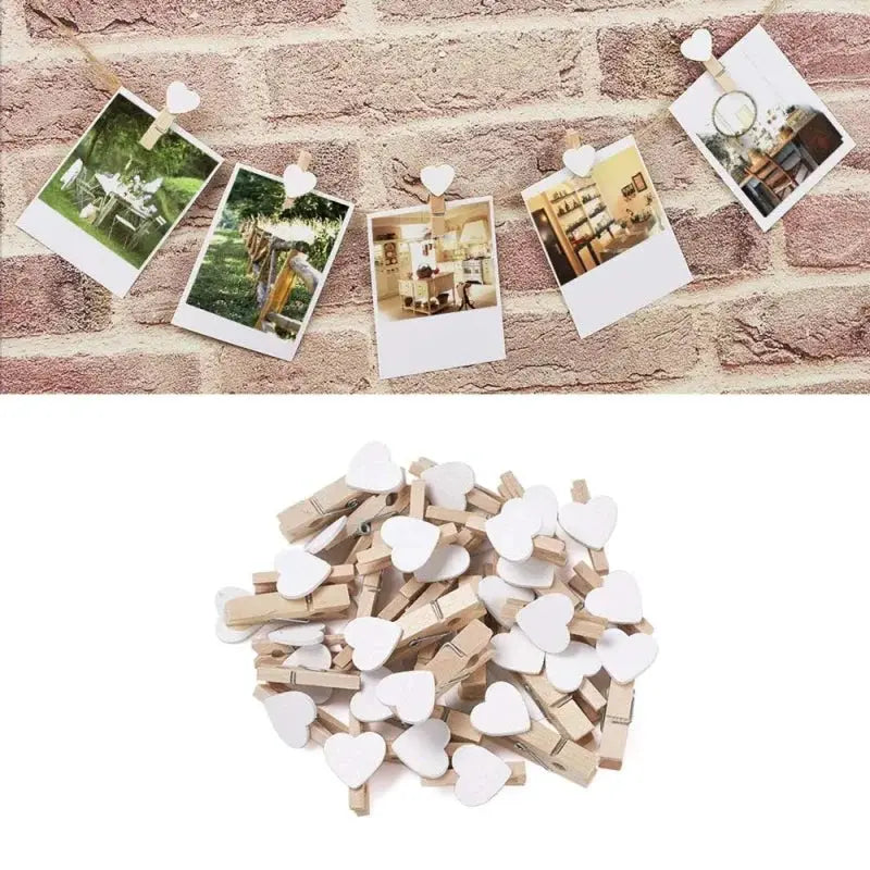 Heart-shaped wooden clothespins with white heart tops, 50 pcs, Simples Market, for photo display and crafts