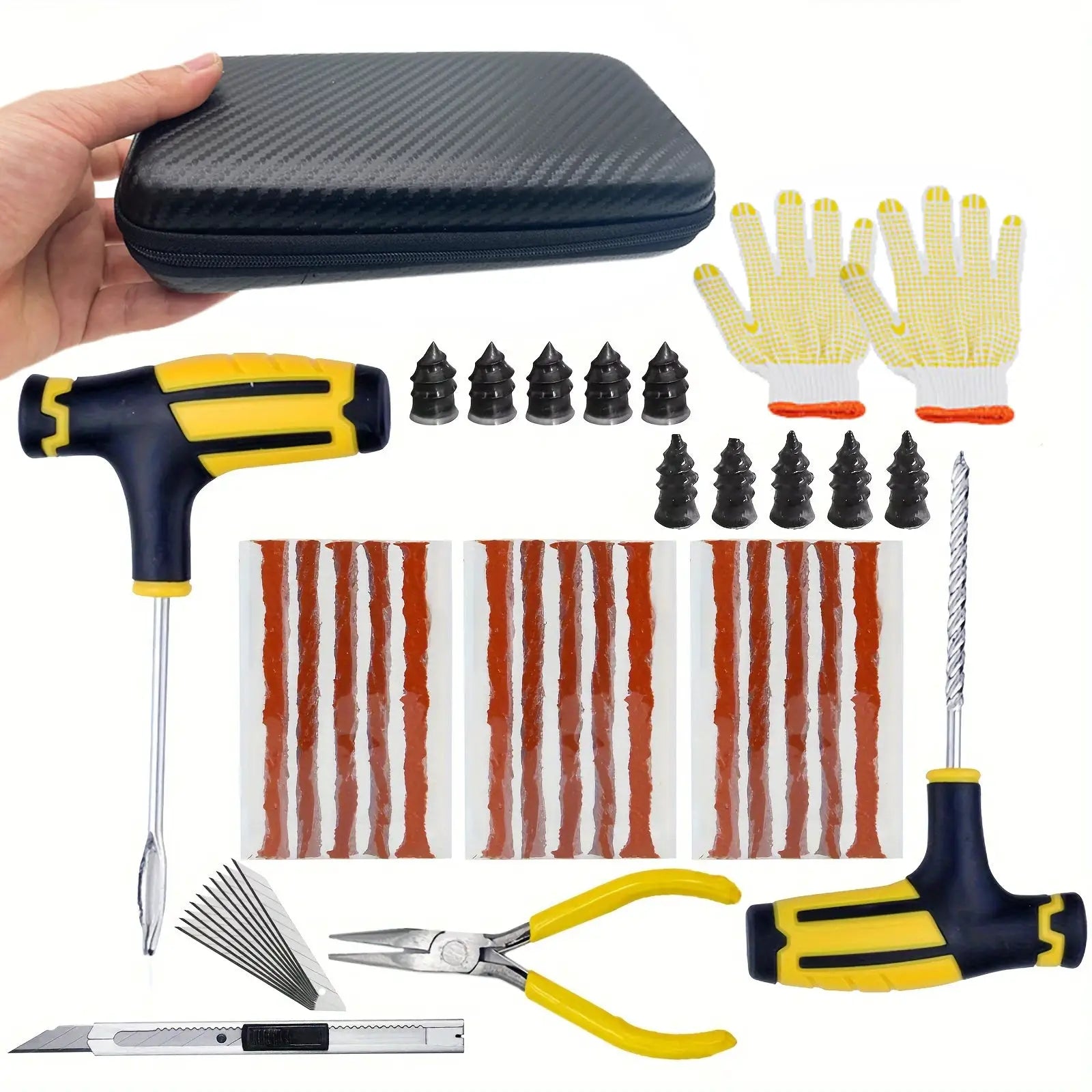 ZFOUEK car tire repair kit with patches, plugs, gloves and tools in a zippered case