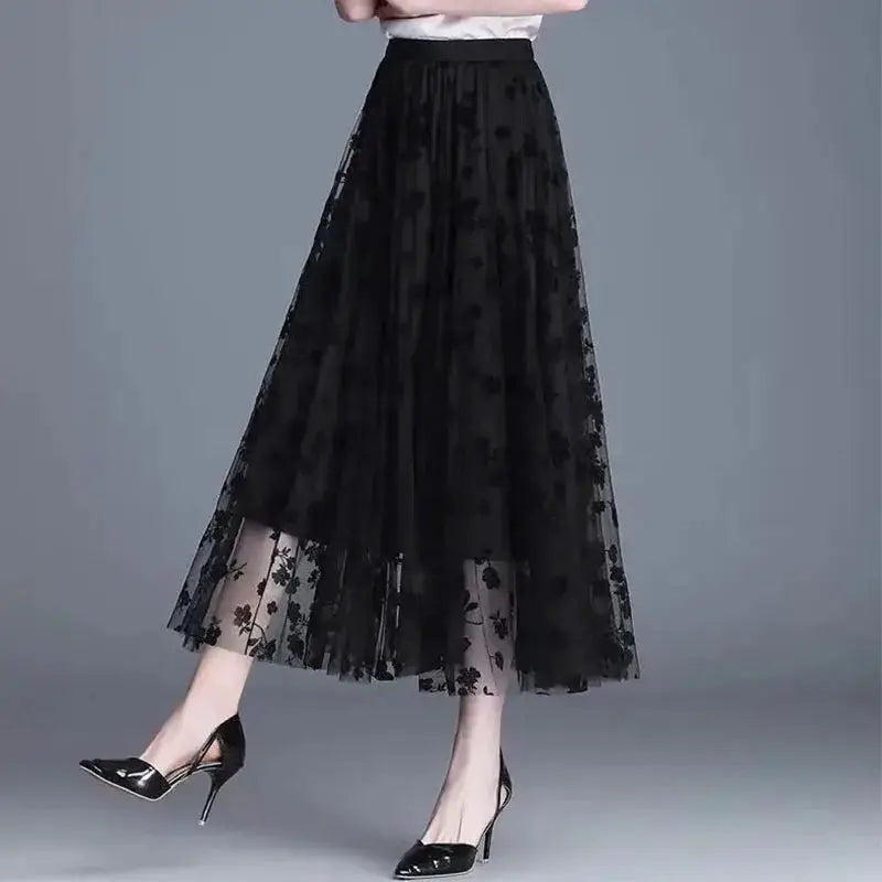 LunaGrove Floral Gauze Midi Skirt Breathable Polyester Mesh With Empire Waist Pleated A Line For Spring And Summer