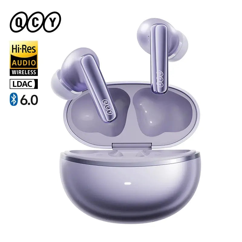 QCY MeloBuds N70 wireless earbuds in lavender with charging case, Simples Market, LDAC Hi-Res Audio, Bluetooth 6.0