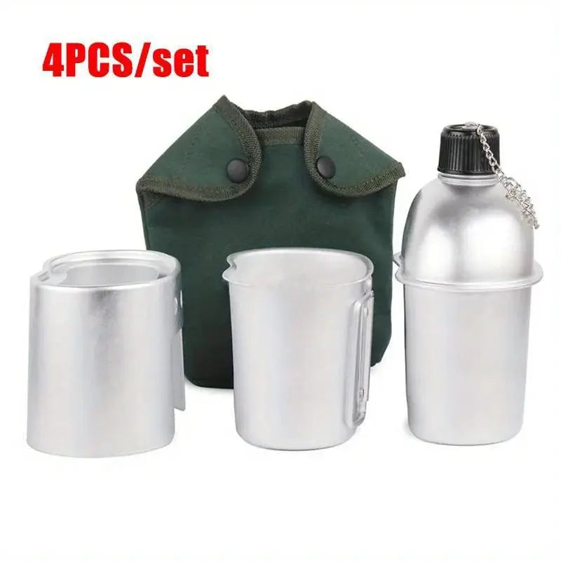 4-piece aluminum canteen cookware set with grab-handled cups and green canvas pouch by Simples Market