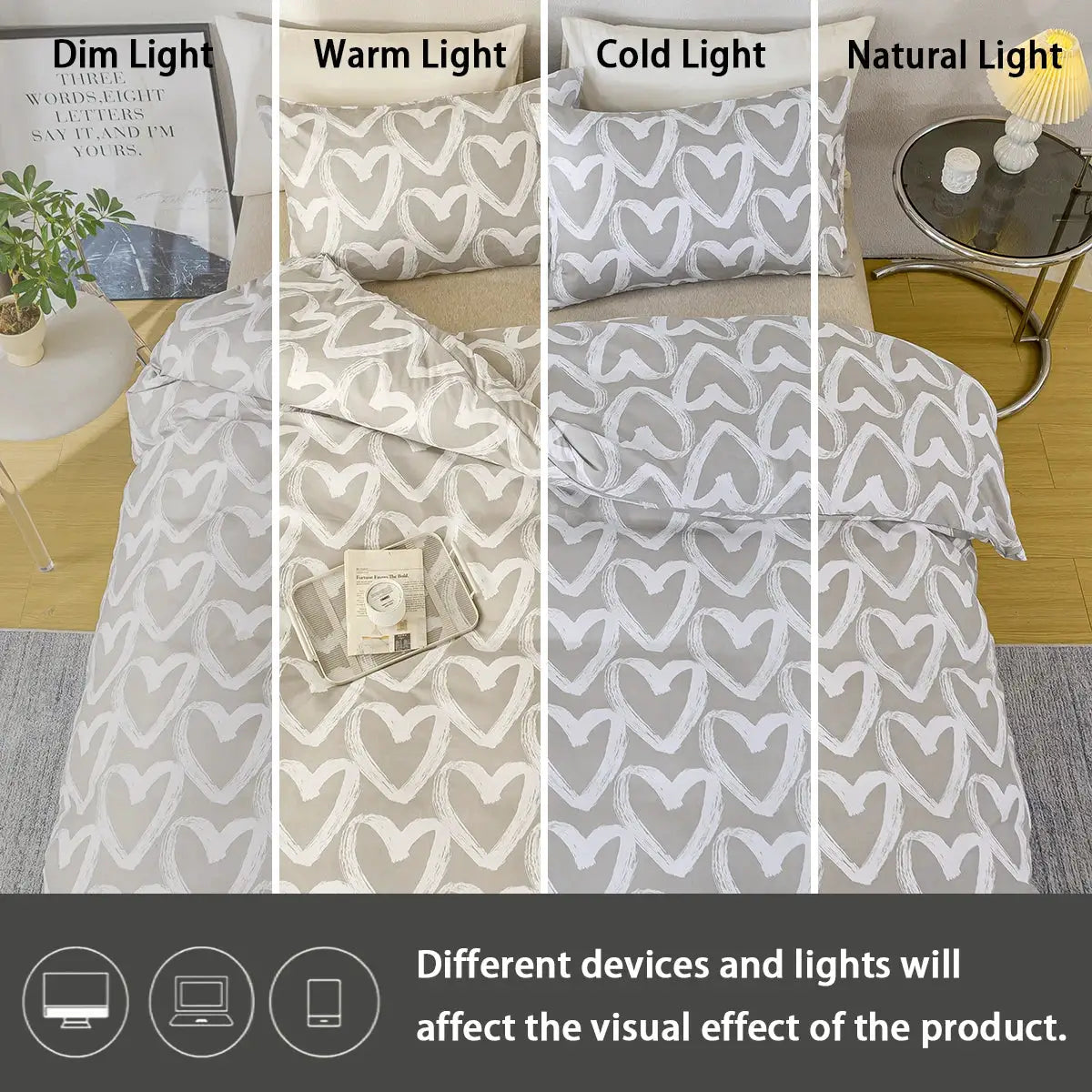 Duvet cover set by Simples Market, 3-piece heart print in blue and gray (1 duvet cover + 2 pillowcases)