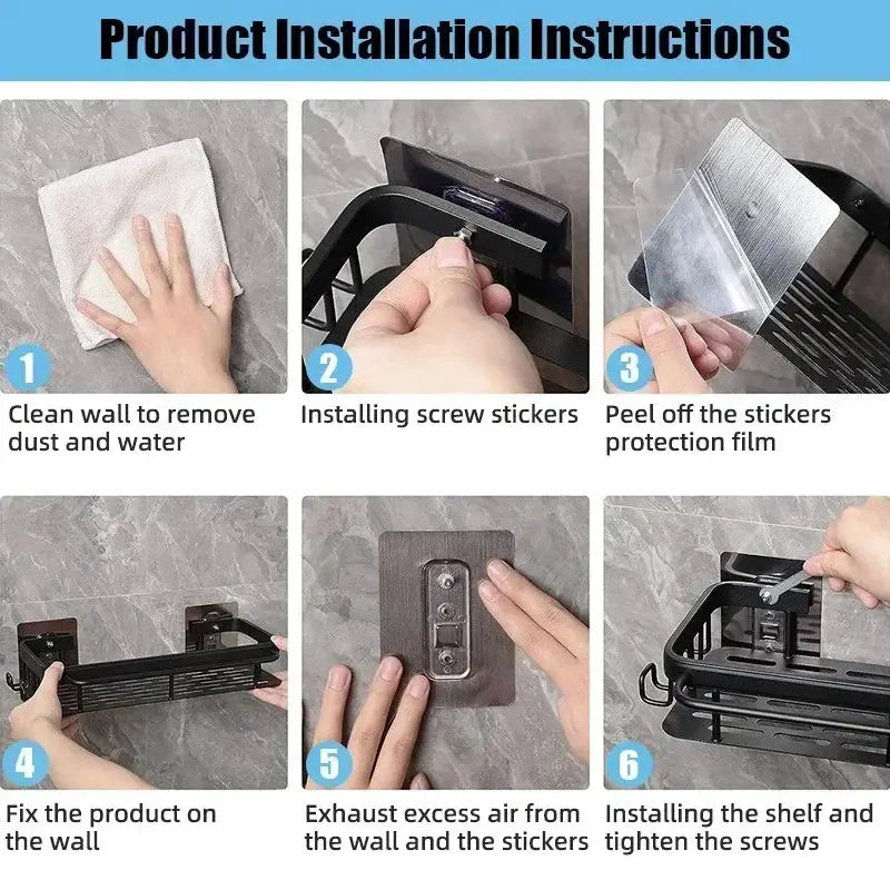 Bathroom shelf organizer by Simples Market; black aluminum alloy shower rack