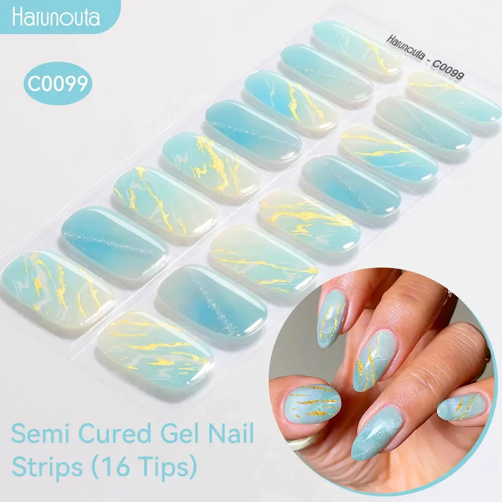 Semi-cured gel nail strips, gradient turquoise with gold foil, 16 tips, UV/LED compatible