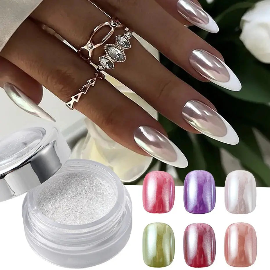 Pearl White Nails Glitter Dust Chrome Moonlight White Rubbing on Powder Silver Shell Mirror Pigment Nail Art Supplies Decoration - Simples Market