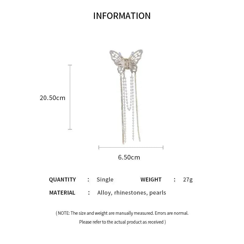 Butterfly Hair Clip With Long Tassel Elegant Imitation Pearl Rhinestone Hairpins For Women Jewelry