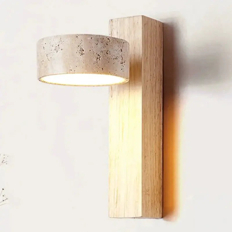 Wooden walnut backplate bedside wall lamp with cream speckled shade and warm LED light