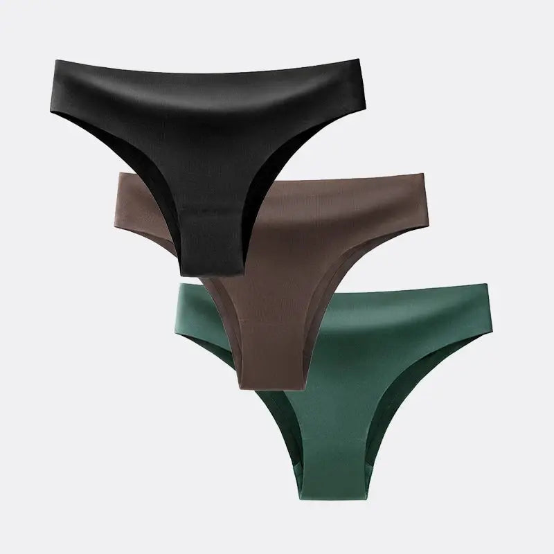 BANNIROU 3Pcs women's seamless T-back thong panties in black, brown, and green ice-silk fabric