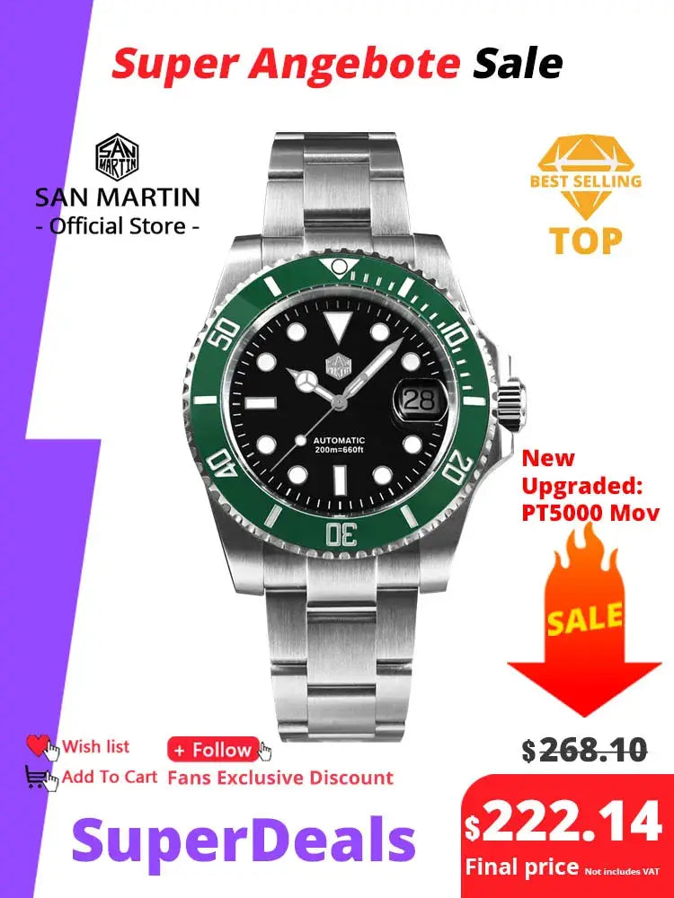 San Martin 40mm Water Ghost diver watch, stainless steel bracelet, black dial with green bezel, 200m water resistant
