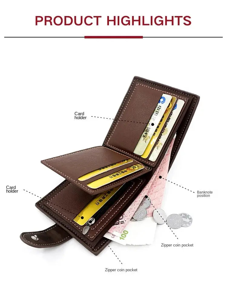 Simples Market men's brown PU leather wallet with card holders and zipper coin pocket