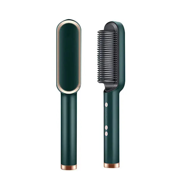 Simples Market two-piece 3-in-1 hair styler in green with rose-gold trim; straightening brush and curling/flat iron