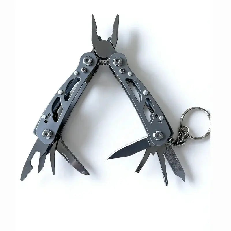 Simples Market outdoor folding multi-tool with pliers, gray metal finish and multiple blades, keyring