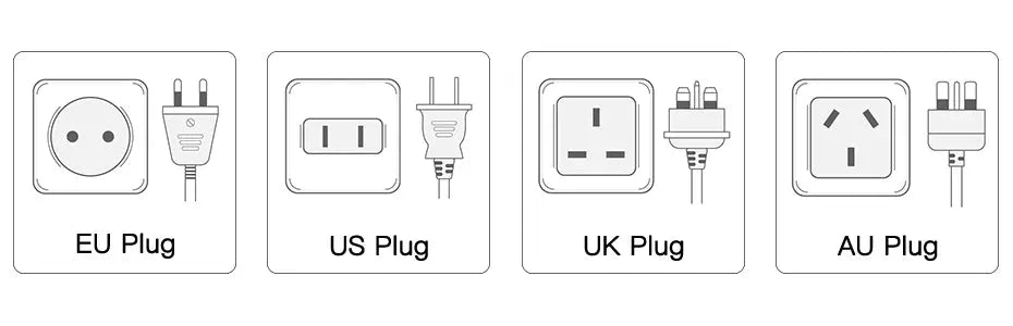 YCC365 Plus PTZ outdoor security camera power adapters showing EU, US, UK, and AU plugs