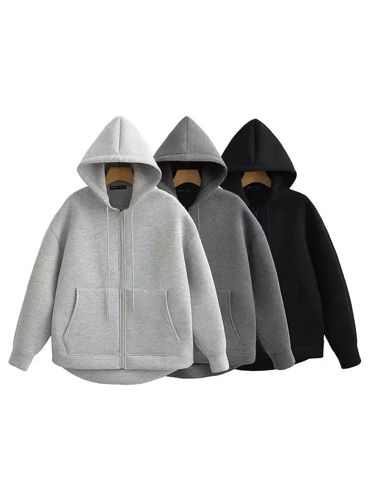 Autumn Gray Hooded Jacket For Women With Big Pockets And Zipper Closure Relaxed Casual Fit For Everyday Comfort