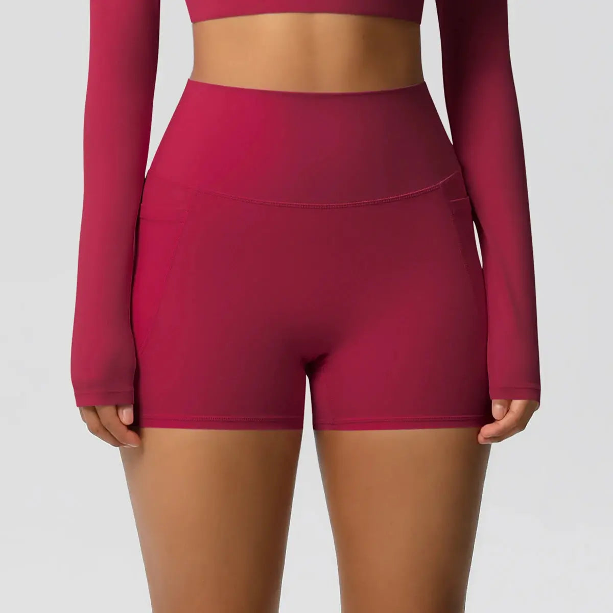Women pocketed high-waist sport shorts in wine red, quick-dry and squat-proof for workouts