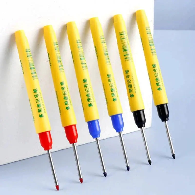 Six yellow long-head marking pens (33mm) in red, blue, and black for woodworking; waterproof multipurpose marking tool