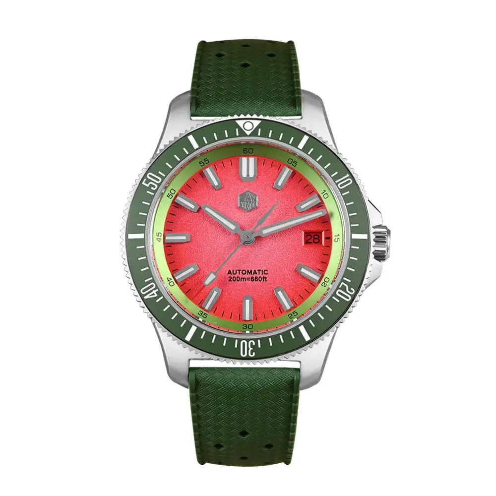 San Martin 40mm dive watch by Simples Market, red dial, green bezel and strap, NH35 automatic, 200m water resistant.