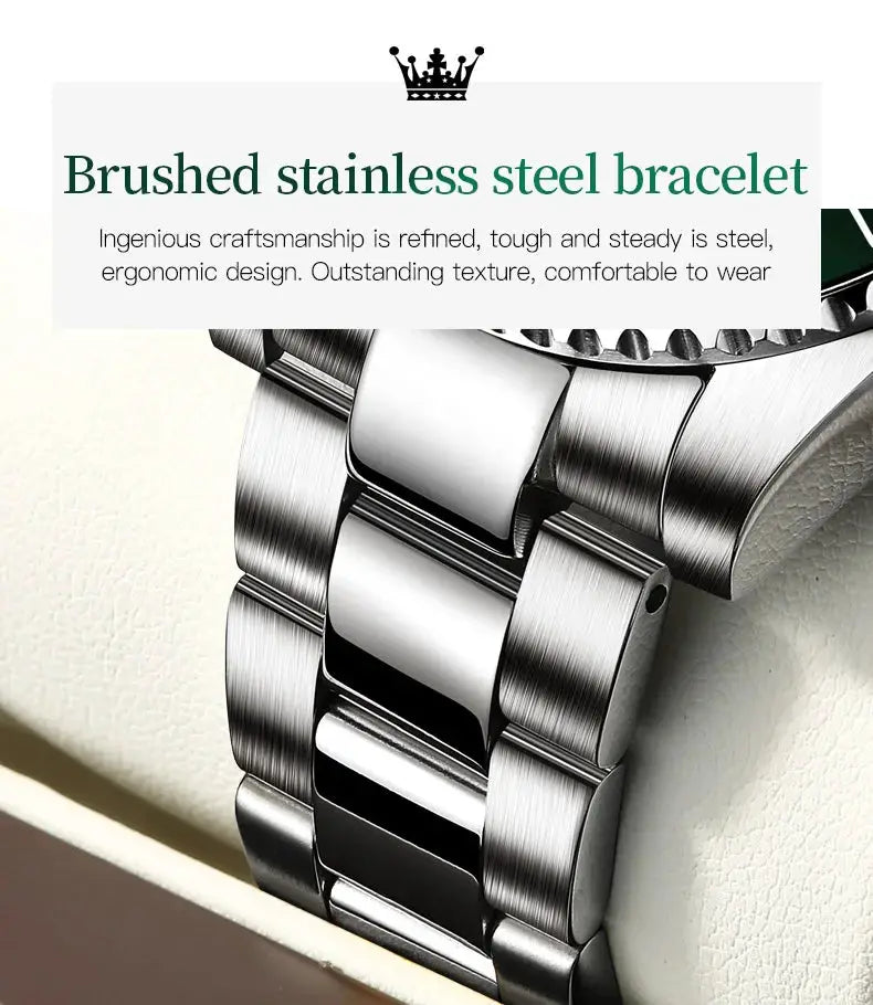 Watch bracelet in brushed stainless steel with polished center links; close-up of a metal strap.