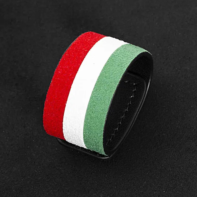 Universal car steering wheel accent band in red, white and green suede