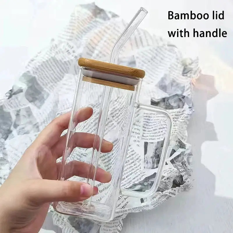 Square Heat Resistant Glass Transparent Cups With Lids And Straws Set Of 1 2 4 6 For Coffee Milk Tea Juice Mug