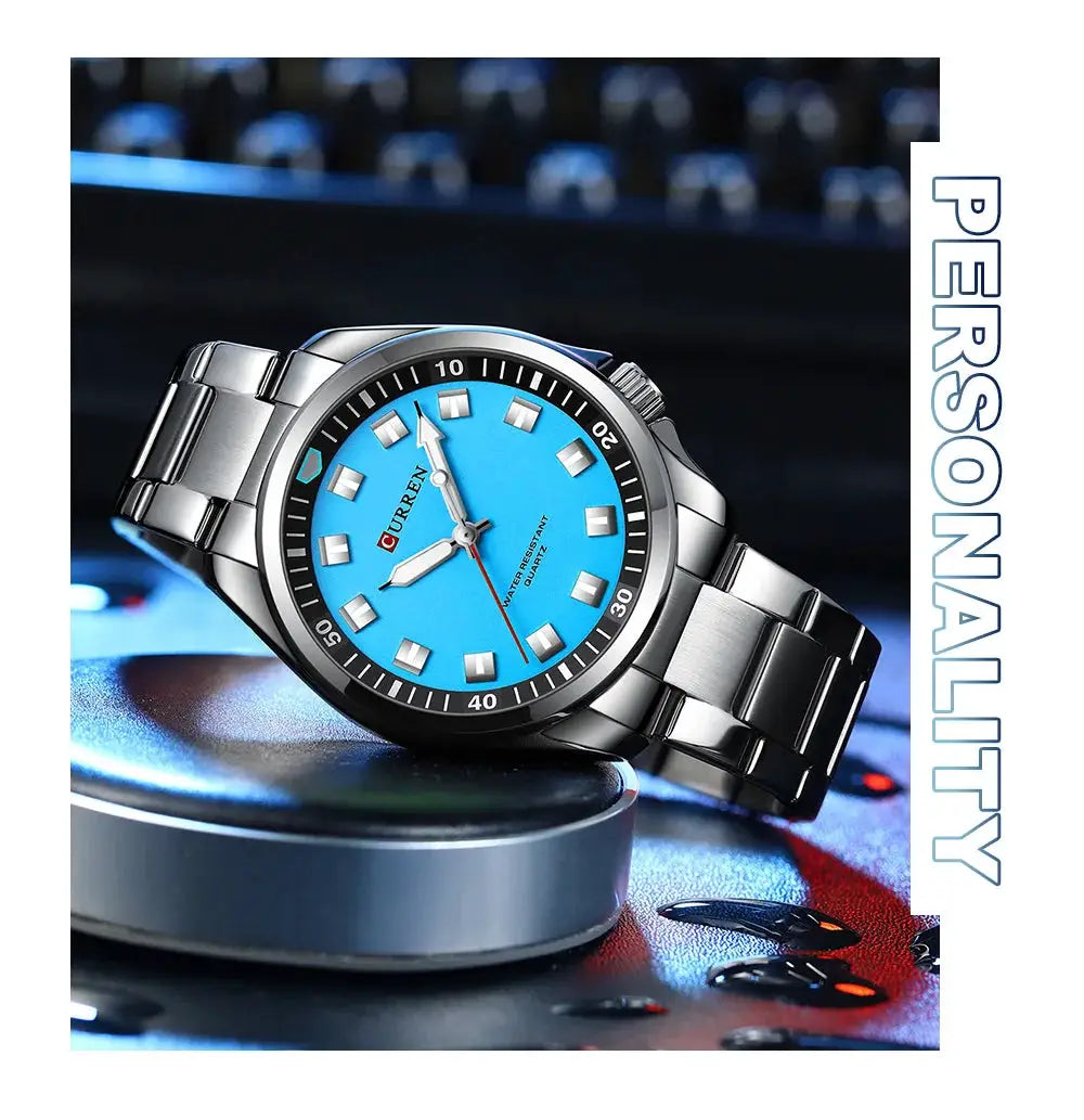 Curren 8451 stainless steel men's watch with vivid blue dial, black bezel, and metal bracelet for everyday wear
