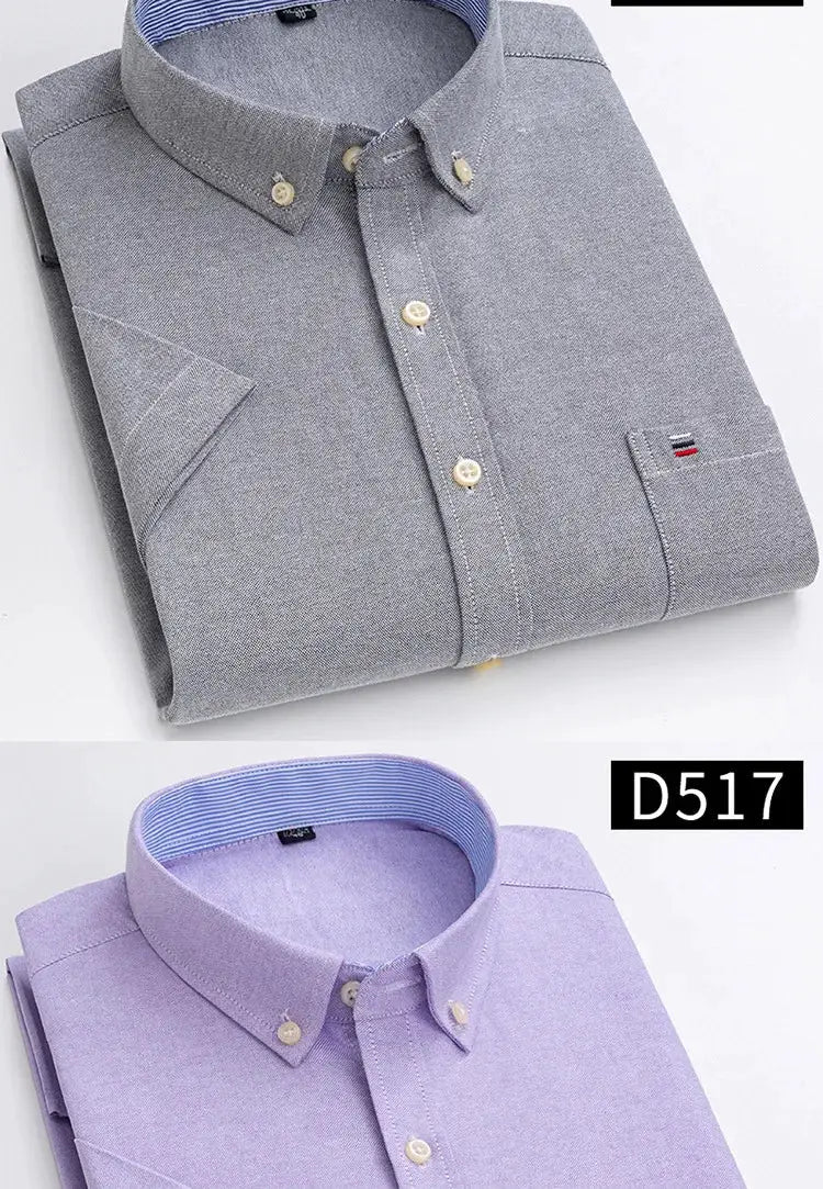 Two men's social shirts in gray and lavender, 100% cotton Oxford with button-down collars and chest pockets