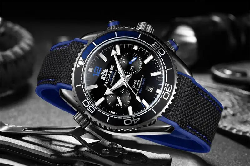 Paulareis P luxury men's automatic watch with blue bezel, black dial, and rubber strap