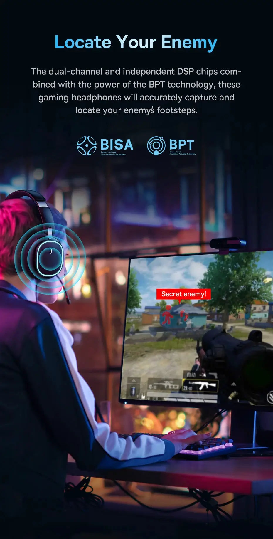 Baseus GH02 gaming wireless headset with mic, black over-ear with blue RGB lighting