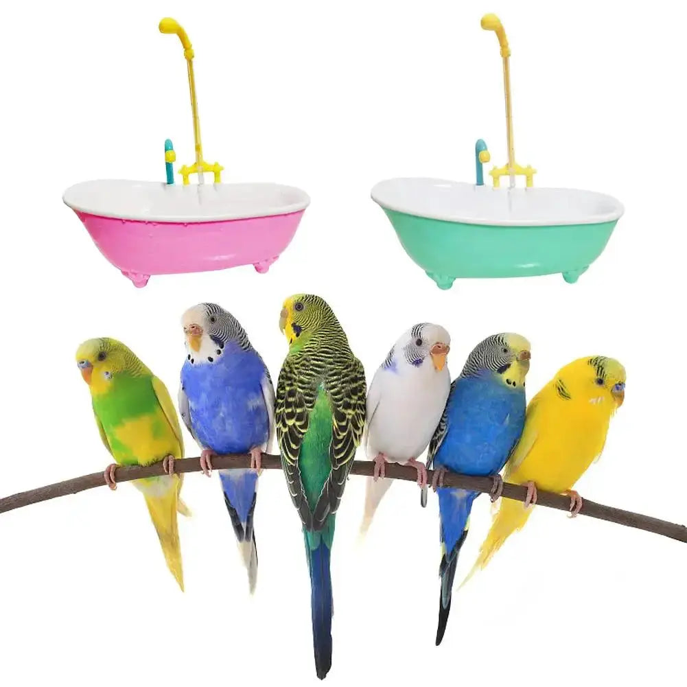 Parrot bath set by Simples Market with pink and teal plastic bathtubs and seven colorful budgies on a branch