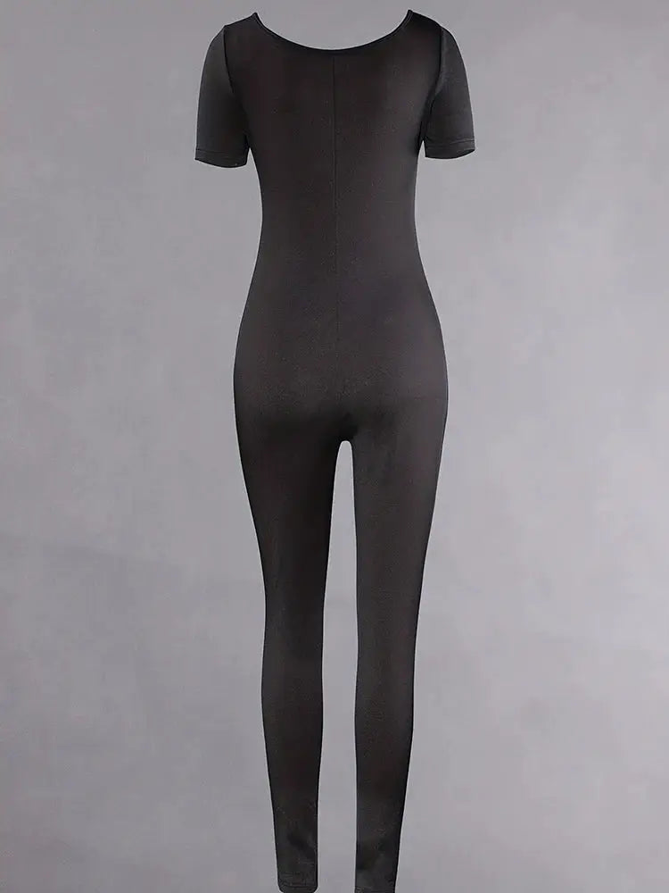 Simples Market women's black short-sleeve solid skinny bodycon jumpsuit